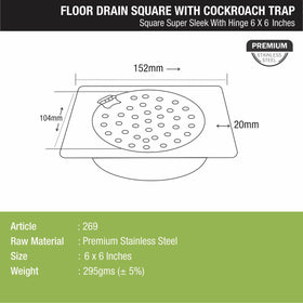 Super Sleek Square Floor Drain (6 x 6 Inches) With Hinge and Cockroach Trap - LIPKA - Lipka Home