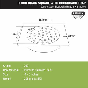 Super Sleek Square Floor Drain (6 x 6 Inches) With Hinge and Cockroach Trap - LIPKA - Lipka Home