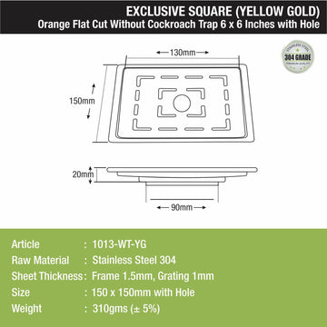 Orange Exclusive Square Flat Cut Floor Drain in Yellow Gold PVD Coating (6 x 6 Inches) with Hole - LIPKA - Lipka Home