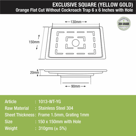 Orange Exclusive Square Flat Cut Floor Drain in Yellow Gold PVD Coating (6 x 6 Inches) with Hole - LIPKA - Lipka Home