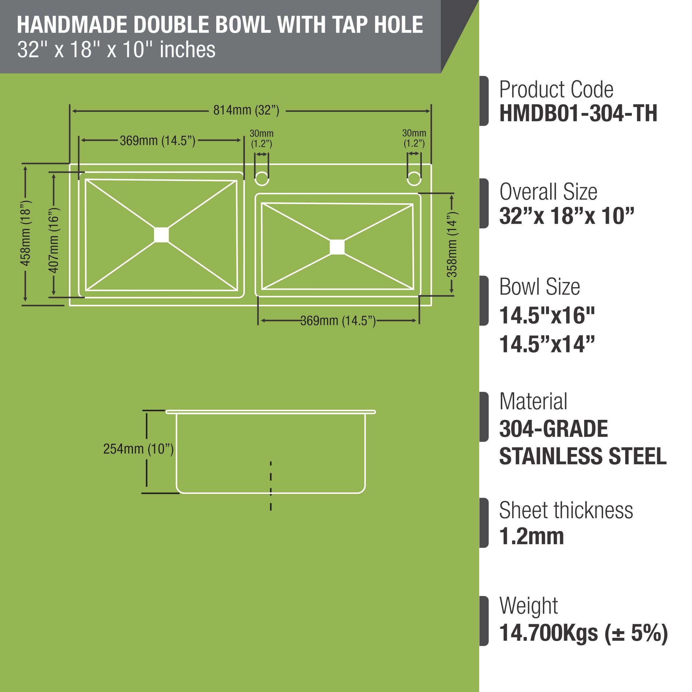 Handmade Double Bowl 304-Grade Kitchen Sink with Tap Hole (32 x 18 x 10 Inches) - LIPKA - Lipka Home