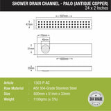 Palo Shower Drain Channel - Antique Copper (24 x 2 Inches) sizes and dimensions