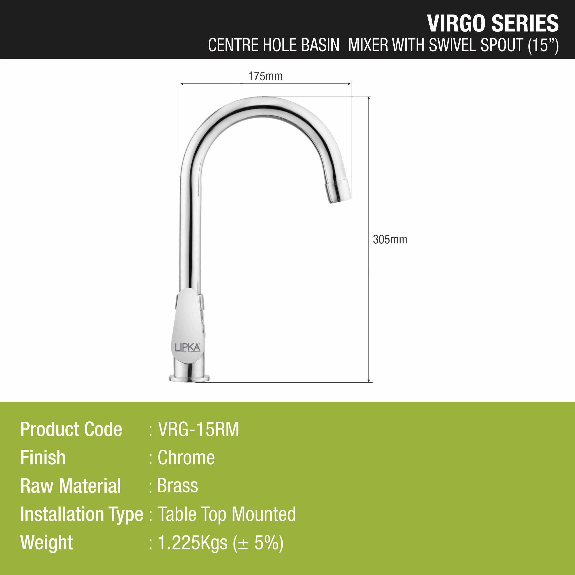 Virgo Centre Hole Basin Mixer Brass Faucet with Round Swivel Spout (15 Inches) - LIPKA - Lipka Home