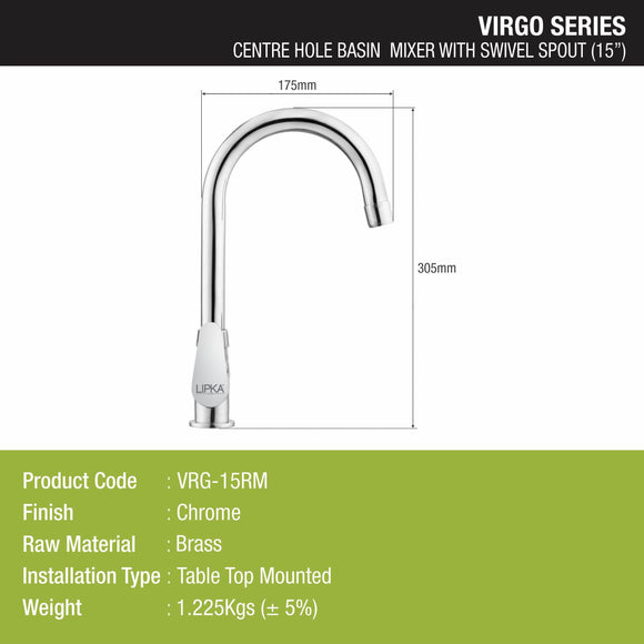 Virgo Centre Hole Basin Mixer Brass Faucet with Round Swivel Spout (15 Inches) - LIPKA - Lipka Home