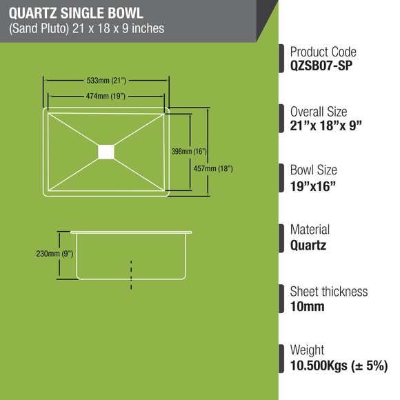 Sand Pluto Quartz Single Bowl Kitchen Sink (21 x 18 x 9 Inches) - LIPKA - Lipka Home