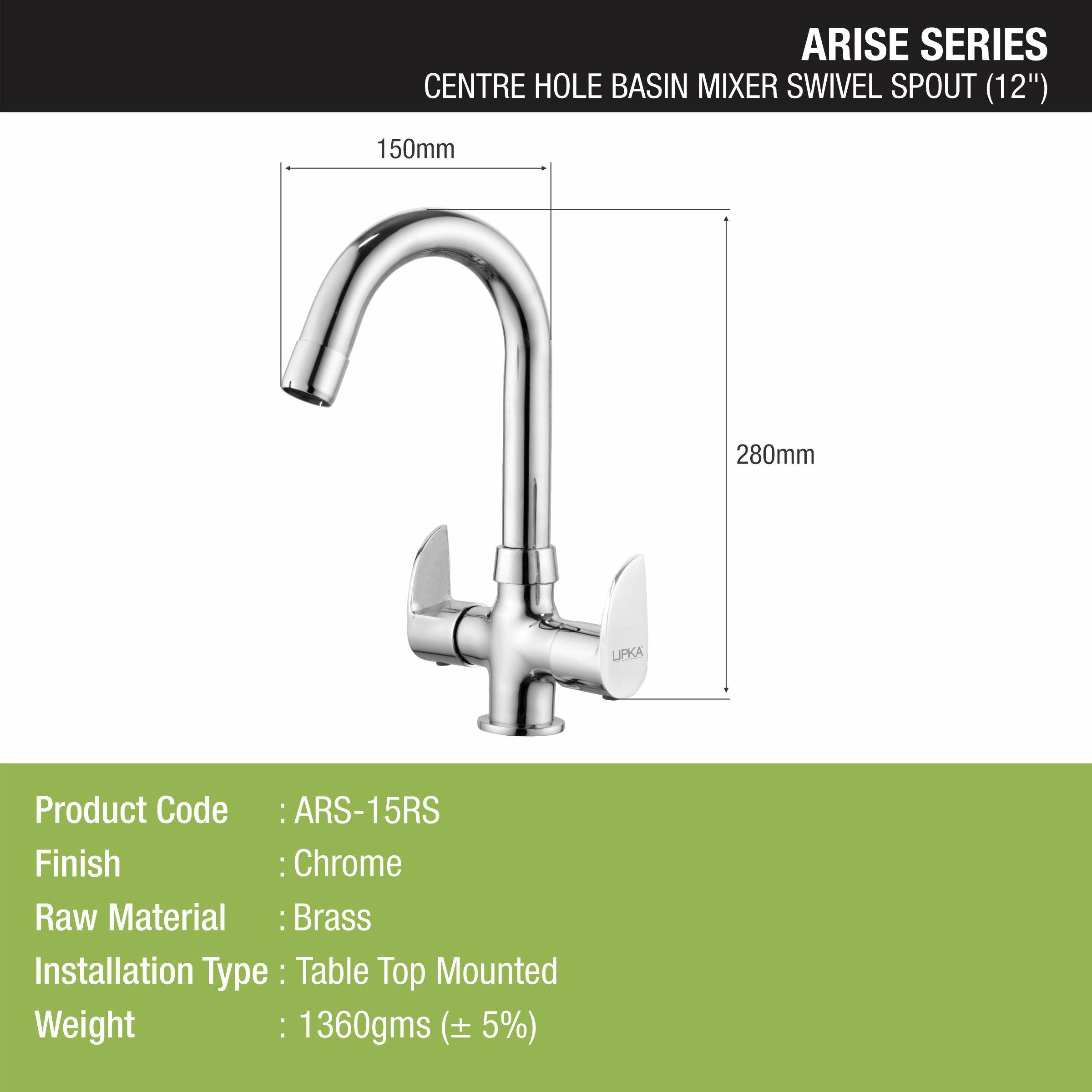 Arise Centre Hole Basin Mixer Brass Faucet with Round Swivel Spout (12 Inches) - LIPKA - Lipka Home