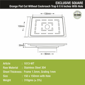 Orange Exclusive Square Flat Cut Floor Drain (6 x 6 Inches) with Hole - LIPKA - Lipka Home