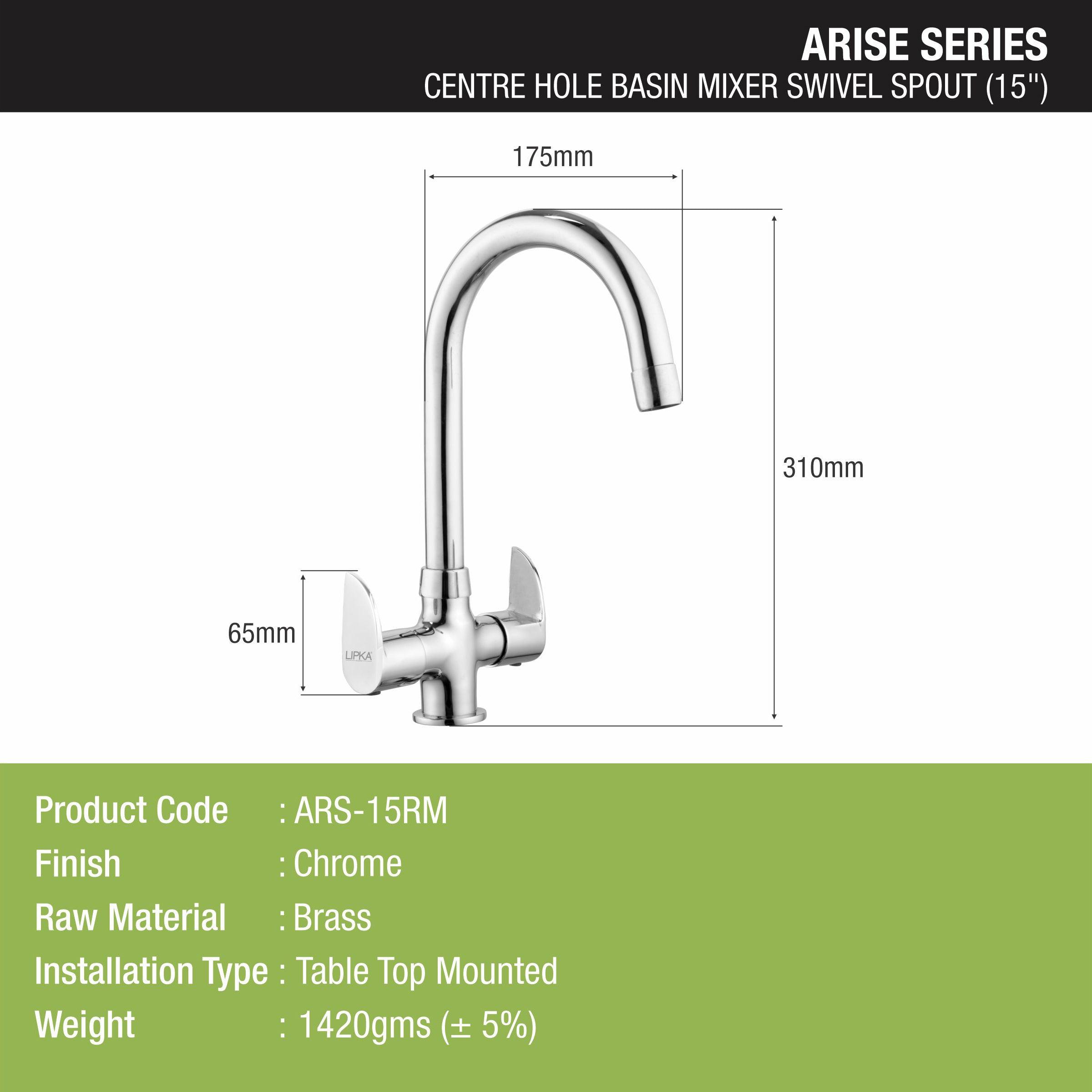 Arise Centre Hole Basin Mixer Brass Faucet with Round Swivel Spout (15 Inches) - LIPKA - Lipka Home