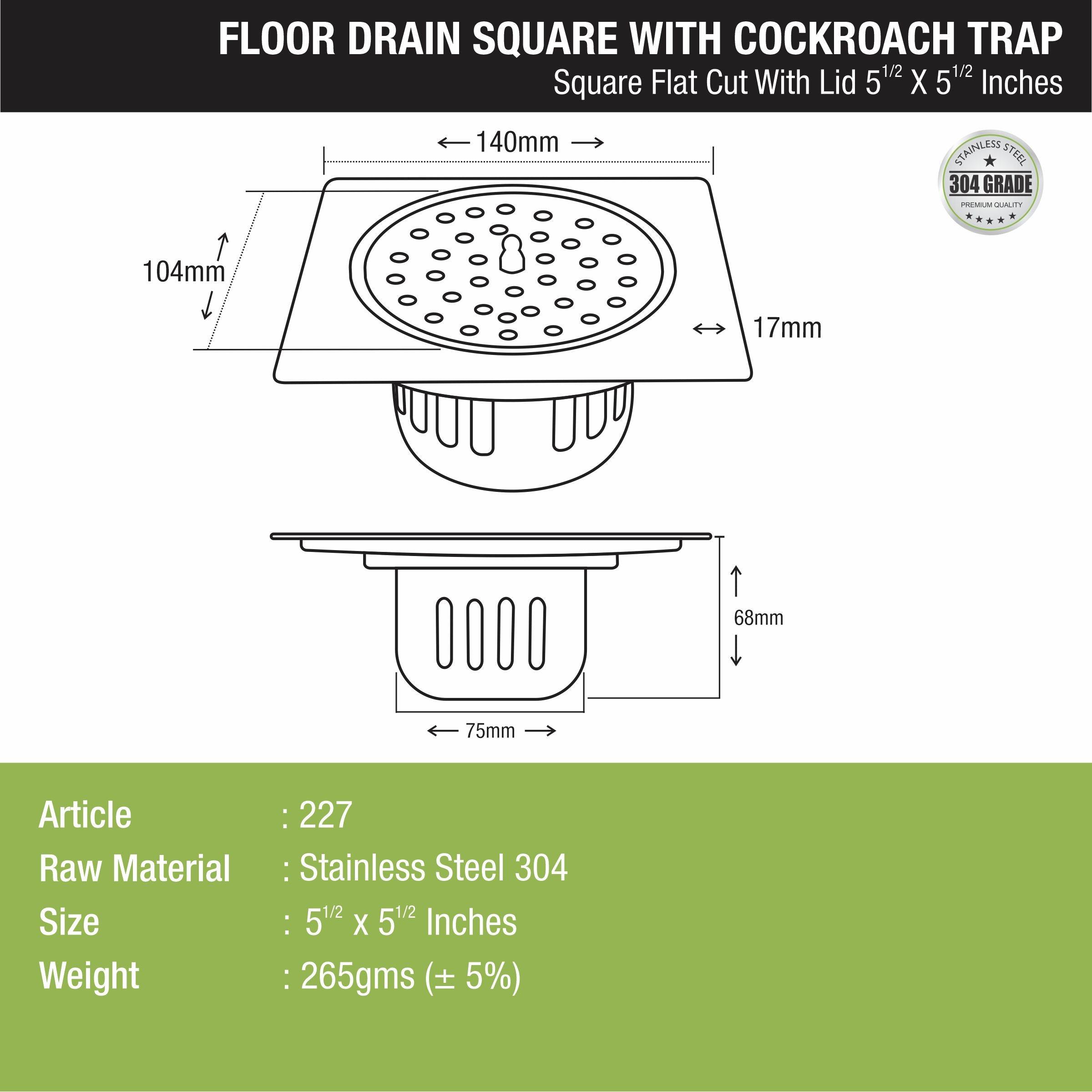 Square Flat Cut Floor Drain (5.5 x 5.5 Inches) with Lid and Cockroach Trap - LIPKA - Lipka Home