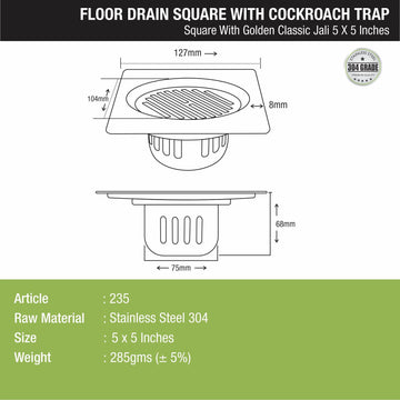 Golden Classic Jali Square Floor Drain (5 x 5 Inches) with Cockroach Trap - LIPKA - Lipka Home