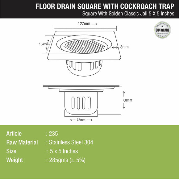 Golden Classic Jali Square Floor Drain (5 x 5 Inches) with Cockroach Trap - LIPKA - Lipka Home