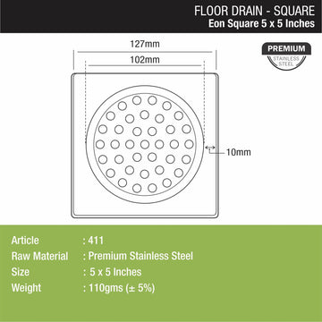EON Square Floor Drain (5 x 5 Inches) - LIPKA - Lipka Home