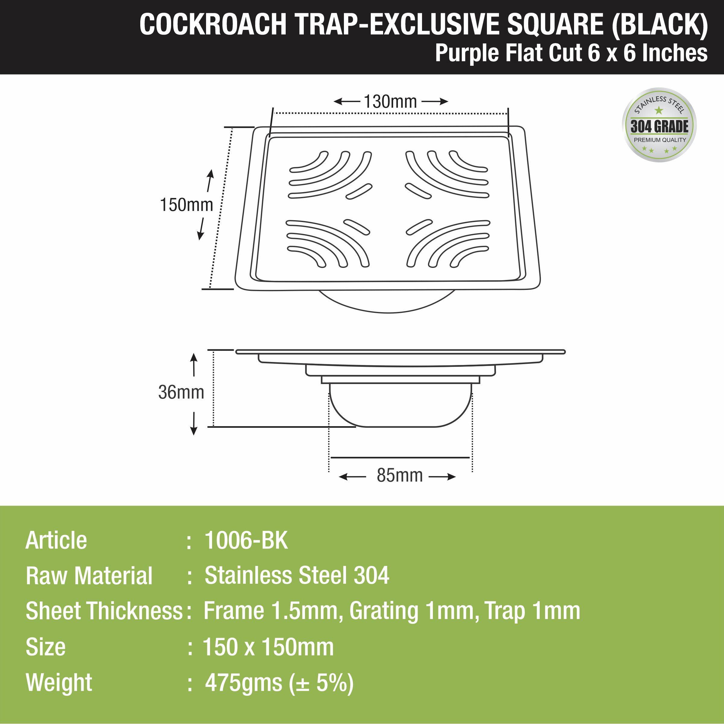 Purple Exclusive Square Flat Cut Floor Drain in Black PVD Coating (6 x 6 Inches) with Cockroach Trap size and measurement 