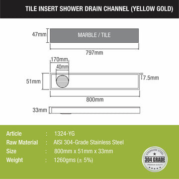 Tile Insert Shower Drain Channel - Yellow Gold (32 x 2 Inches) - LIPKA - Lipka Home