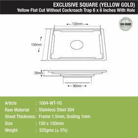 Yellow Exclusive Square Flat Cut Floor Drain in Yellow Gold PVD Coating (6 x 6 Inches) with Hole - LIPKA - Lipka Home