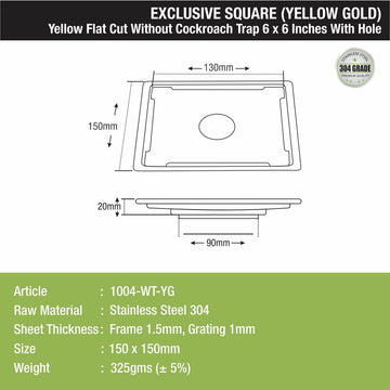 Yellow Exclusive Square Flat Cut Floor Drain in Yellow Gold PVD Coating (6 x 6 Inches) with Hole - LIPKA - Lipka Home