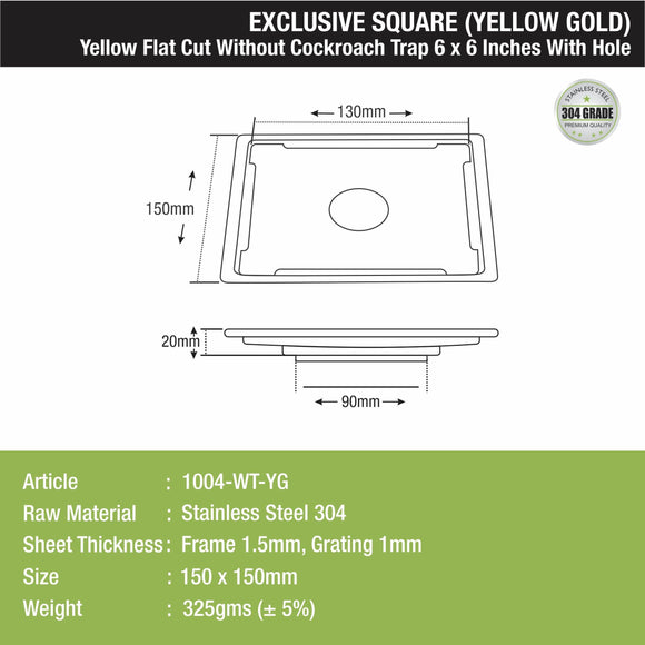 Yellow Exclusive Square Flat Cut Floor Drain in Yellow Gold PVD Coating (6 x 6 Inches) with Hole - LIPKA - Lipka Home