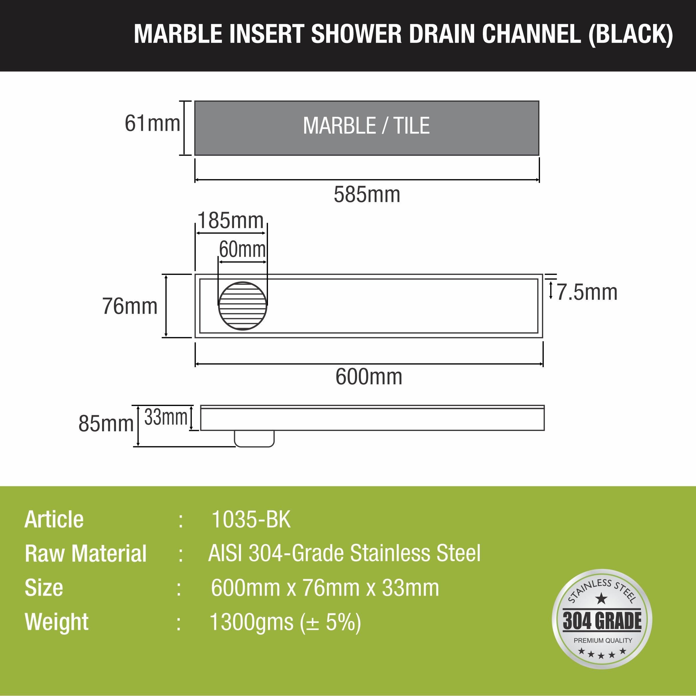 Marble Insert Shower Drain Channel - Black (24 x 3 Inches) size and measurement