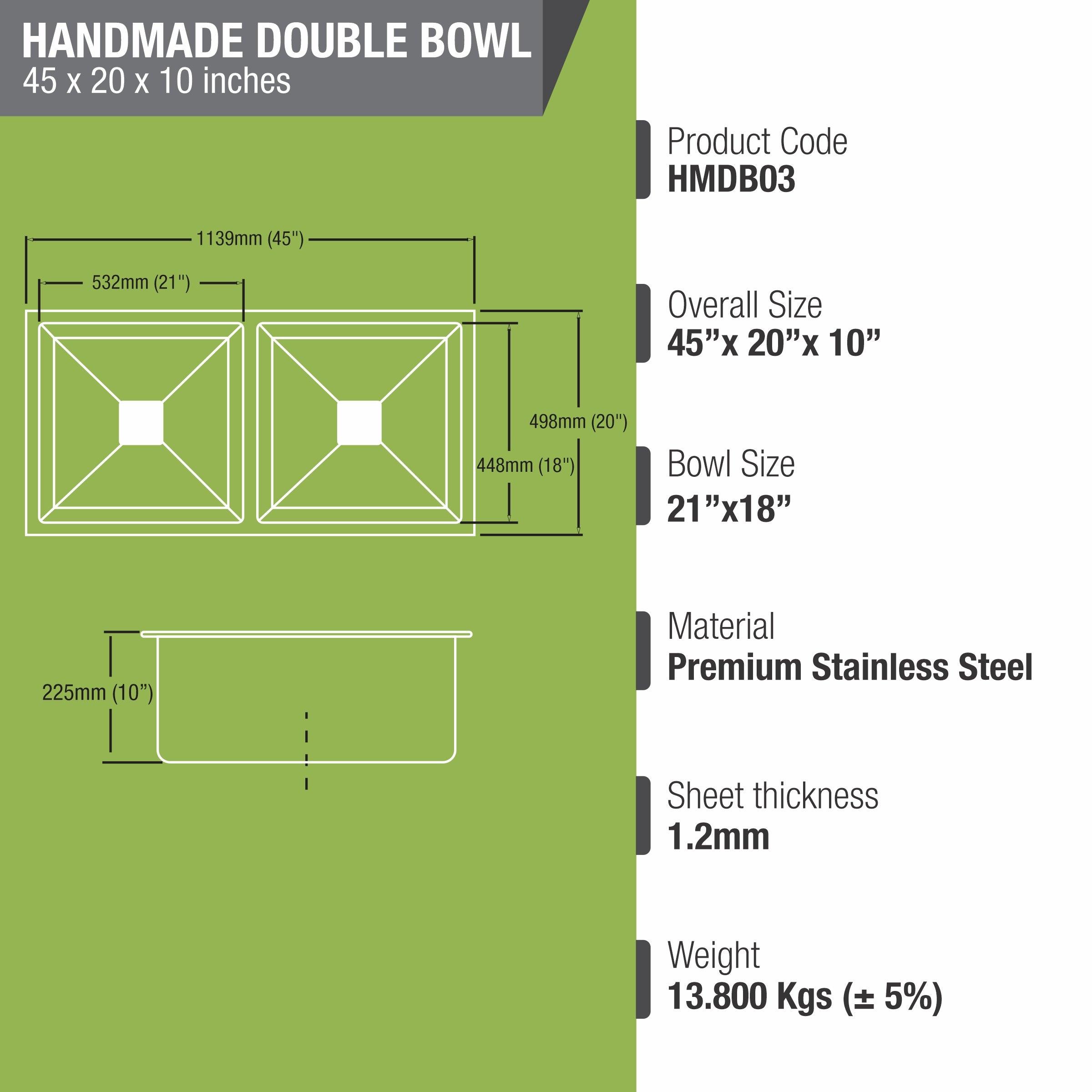 Handmade Double Bowl Kitchen Sink (45 x 20 x 10 Inches) - LIPKA