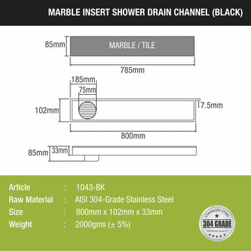 Marble Insert Shower Drain Channel - Black (32 x 4 Inches) - LIPKA - Lipka Home