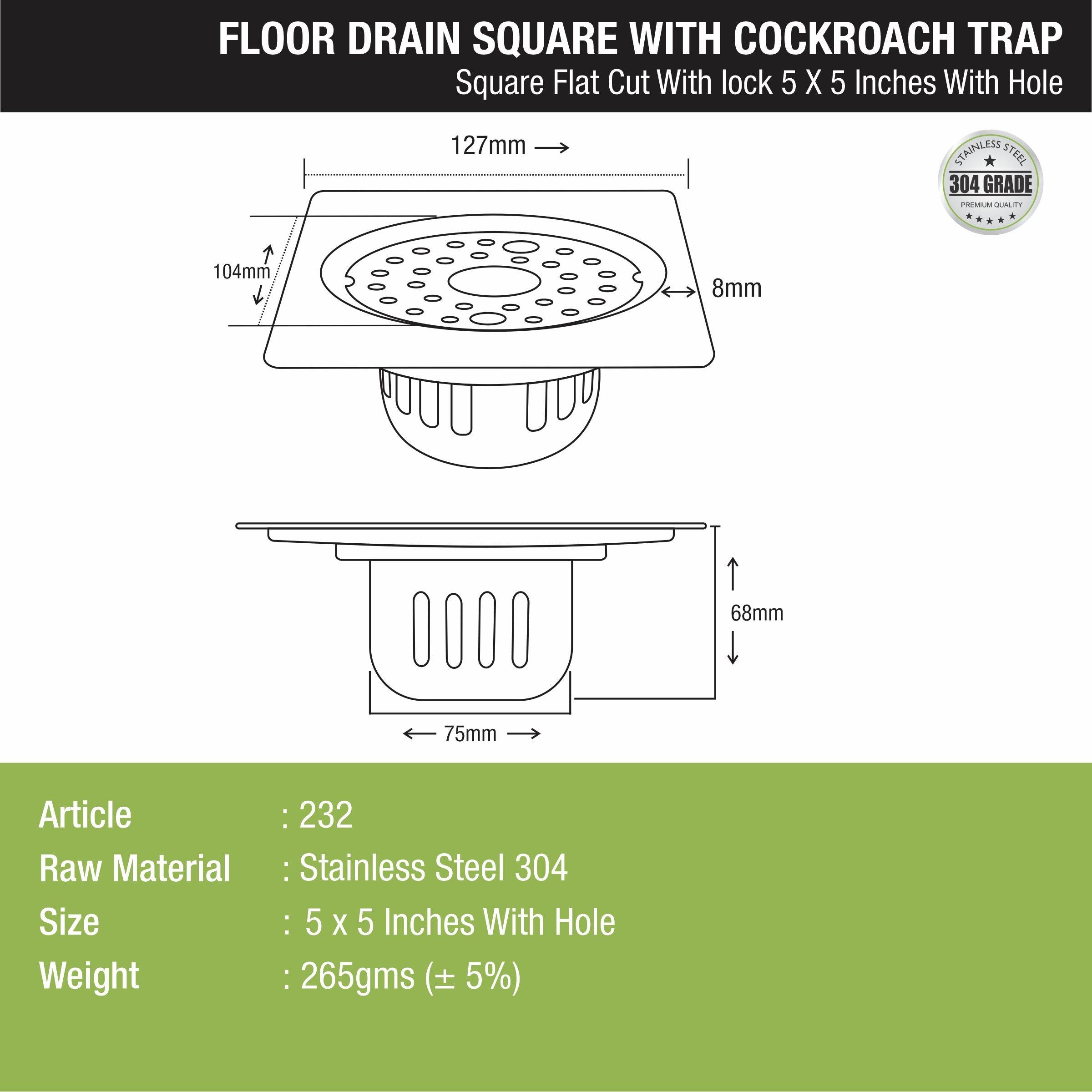 Square Flat Cut Floor Drain (5 x 5 Inches) with Lock, Hole and Cockroach Trap - LIPKA - Lipka Home