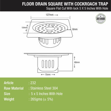 Square Flat Cut Floor Drain (5 x 5 Inches) with Lock, Hole and Cockroach Trap - LIPKA - Lipka Home