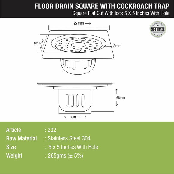 Square Flat Cut Floor Drain (5 x 5 Inches) with Lock, Hole and Cockroach Trap - LIPKA - Lipka Home