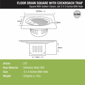 Golden Classic Jali Square Floor Drain (5 x 5 Inches) with Hole and Cockroach Trap - LIPKA - Lipka Home