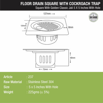Golden Classic Jali Square Floor Drain (5 x 5 Inches) with Hole and Cockroach Trap - LIPKA - Lipka Home