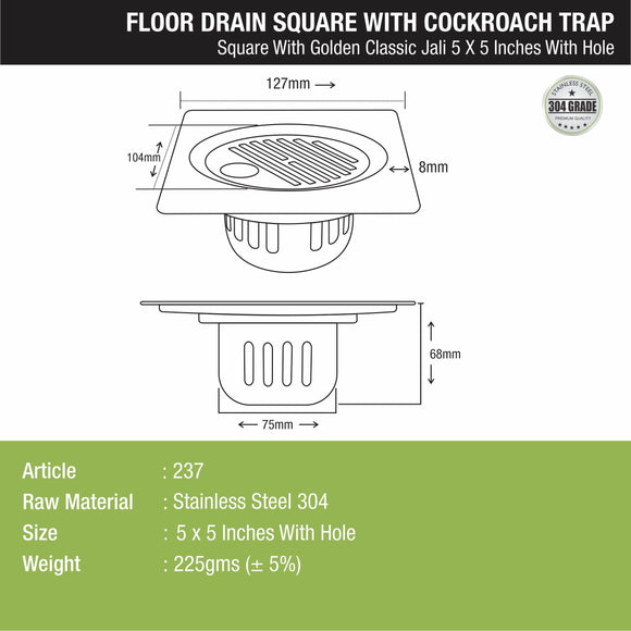Golden Classic Jali Square Floor Drain (5 x 5 Inches) with Hole and Cockroach Trap - LIPKA - Lipka Home
