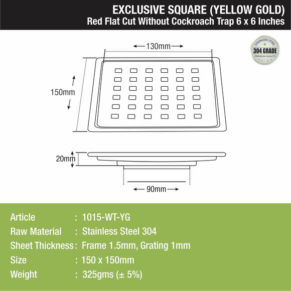 Red Exclusive Square Flat Cut Floor Drain in Yellow Gold PVD Coating (6 x 6 Inches) - LIPKA - Lipka Home