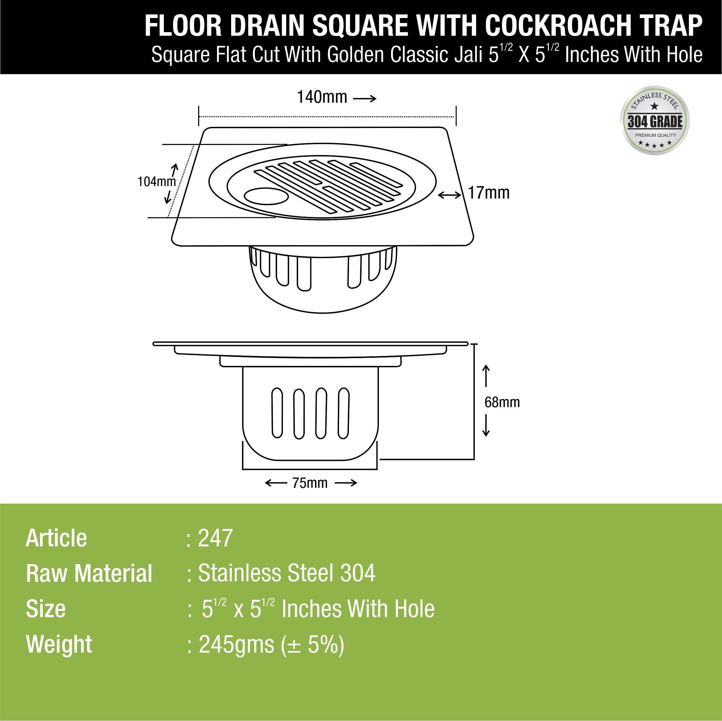 Golden Classic Jali Square Flat Cut Floor Drain (5.5 x 5.5 Inches) with Hole and Cockroach Trap - LIPKA - Lipka Home