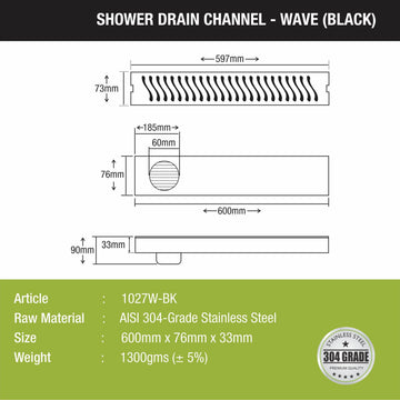 Wave Shower Drain Channel - Black (24 x 3 Inches) - LIPKA - Lipka Home
