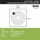 Eon Square Floor Drain with Plain Jali, Hinge and Hole (6 x 6 Inches) - LIPKA