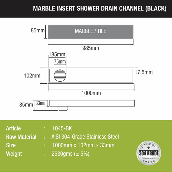 Marble Insert Shower Drain Channel - Black (40 x 4 Inches) - LIPKA - Lipka Home