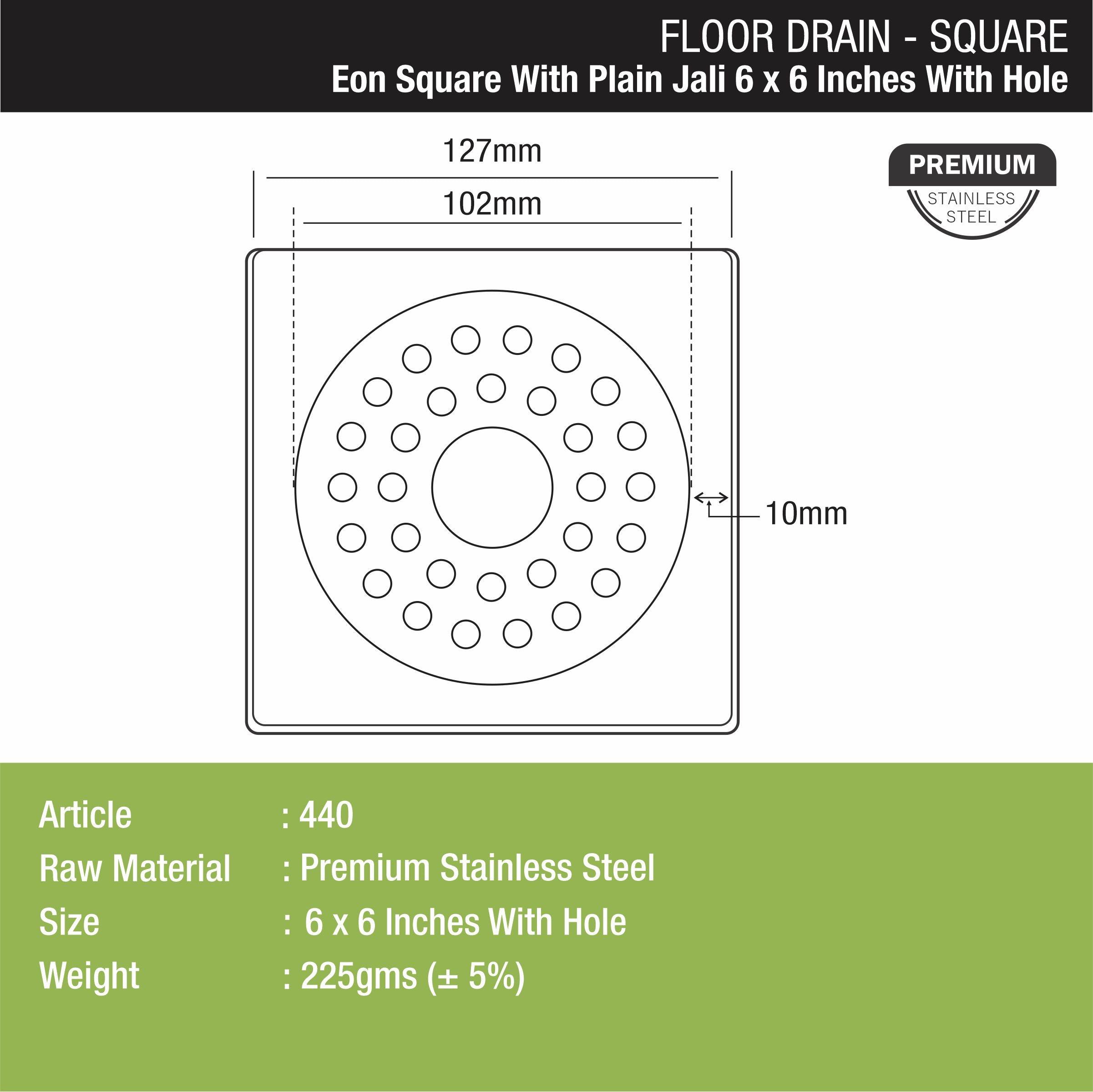 Eon Square Floor Drain with Plain Jali and Hole (6 x 6 Inches) - LIPKA - Lipka Home