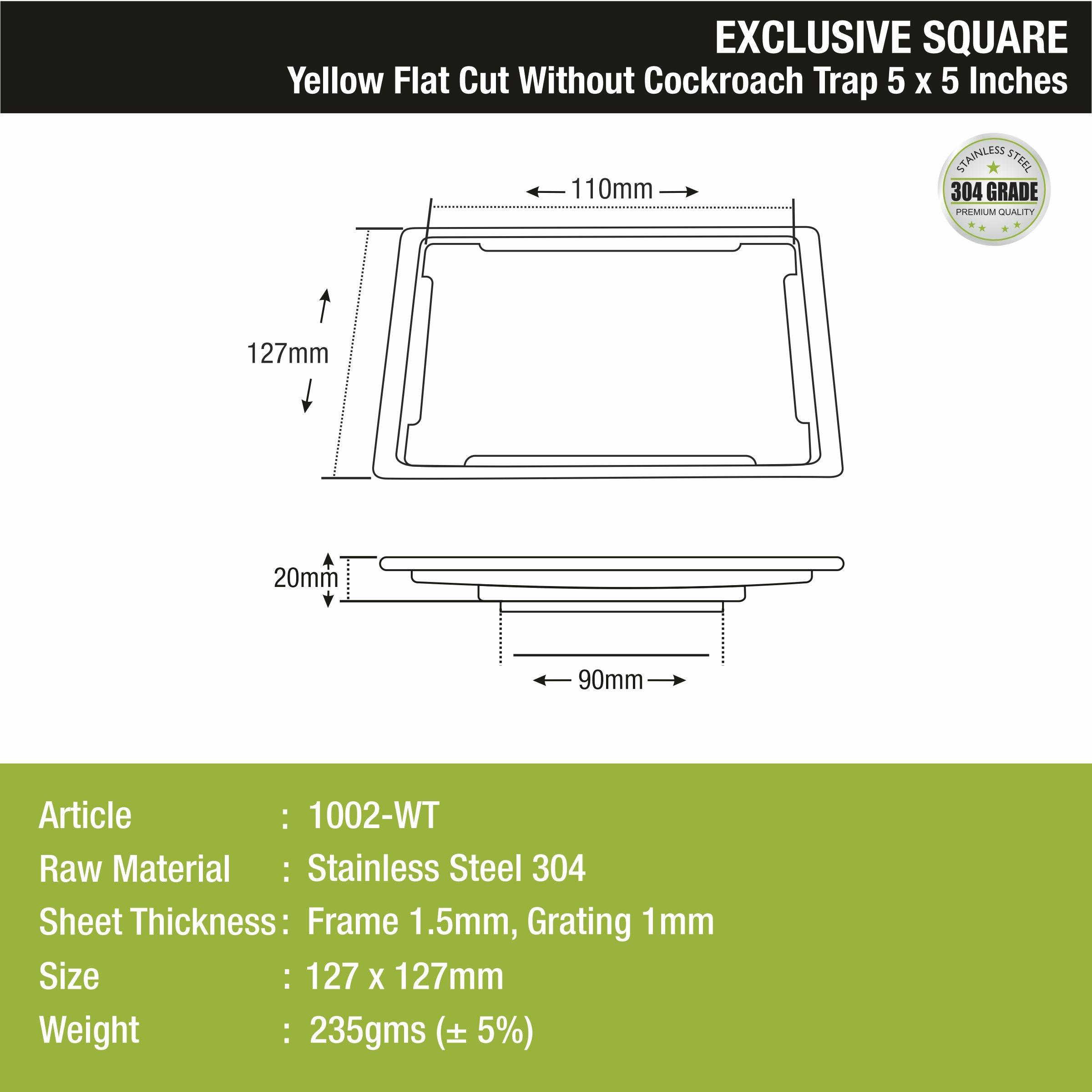 Yellow Exclusive Square Flat Cut Floor Drain (5 x 5 Inches) - LIPKA - Lipka Home