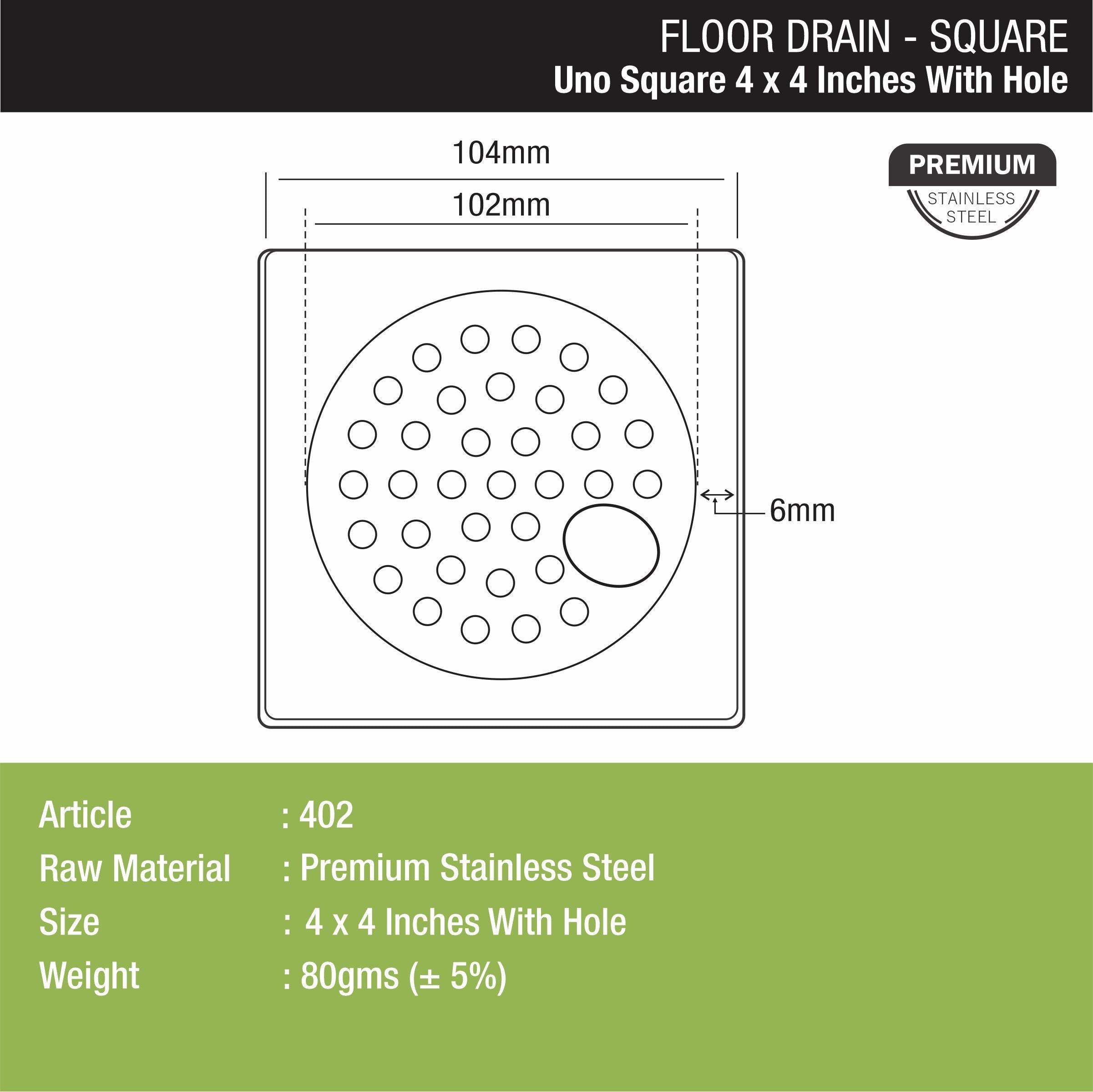UNO Square Floor Drain (4 x 4 Inches) with Hole - LIPKA - Lipka Home