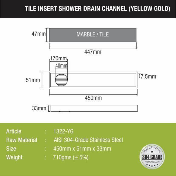 Tile Insert Shower Drain Channel - Yellow Gold (18 x 2 Inches) - LIPKA - Lipka Home