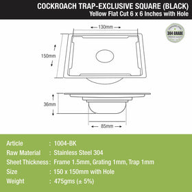 Yellow Exclusive Square Flat Cut Floor Drain in Black PVD Coating (6 x 6 Inches) with Hole & Cockroach Trap - LIPKA - Lipka Home