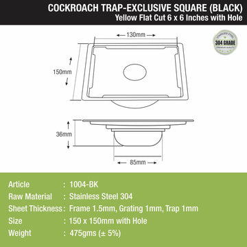 Yellow Exclusive Square Flat Cut Floor Drain in Black PVD Coating (6 x 6 Inches) with Hole & Cockroach Trap - LIPKA - Lipka Home
