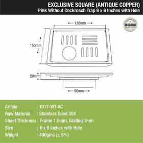 Pink Exclusive Square Floor Drain in Antique Copper PVD Coating (6 x 6 Inches) with Hole - LIPKA - Lipka Home