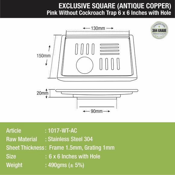 Pink Exclusive Square Floor Drain in Antique Copper PVD Coating (6 x 6 Inches) with Hole - LIPKA - Lipka Home