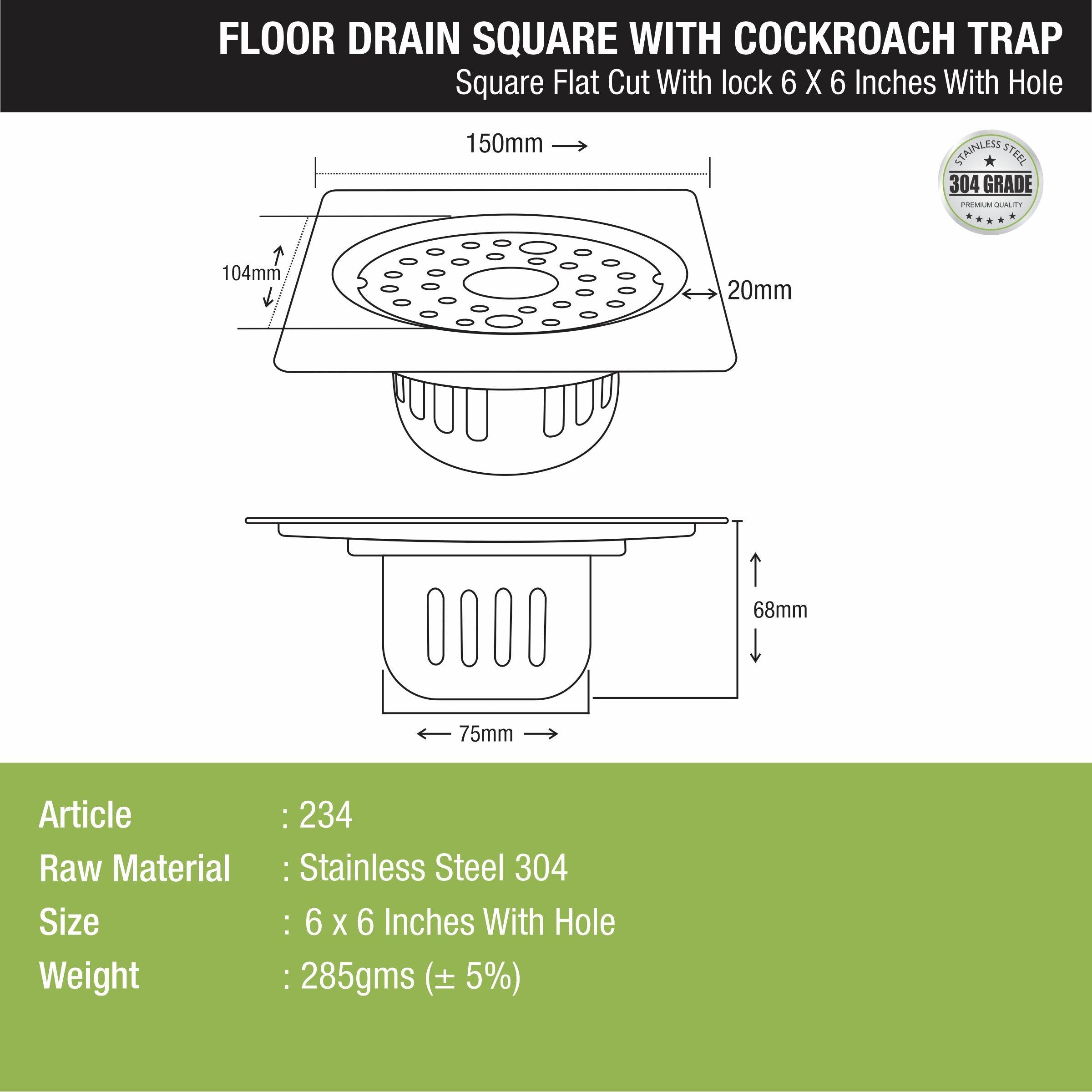 Square Flat Cut Floor Drain (6 x 6 Inches) with Lock, Hole and Cockroach Trap - LIPKA - Lipka Home