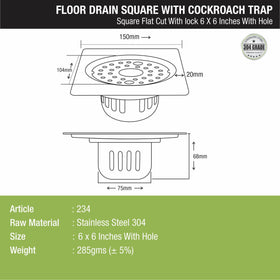 Square Flat Cut Floor Drain (6 x 6 Inches) with Lock, Hole and Cockroach Trap - LIPKA - Lipka Home
