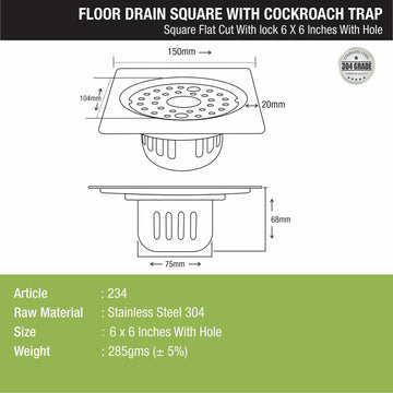 Square Flat Cut Floor Drain (6 x 6 Inches) with Lock, Hole and Cockroach Trap - LIPKA - Lipka Home