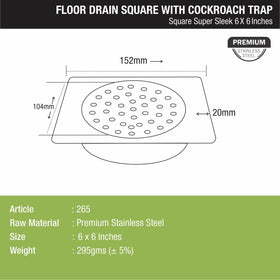 Super Sleek Square Floor Drain (6 x 6 Inches) with Cockroach Trap - LIPKA - Lipka Home