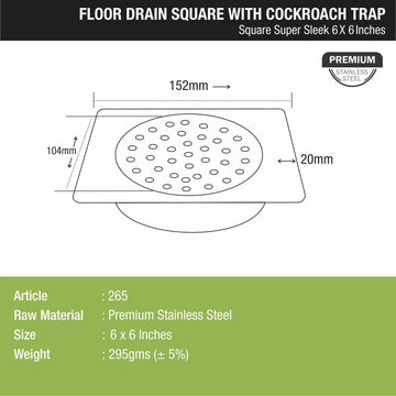 Super Sleek Square Floor Drain (6 x 6 Inches) with Cockroach Trap - LIPKA - Lipka Home