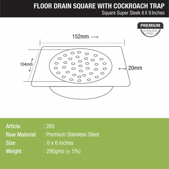 Super Sleek Square Floor Drain (6 x 6 Inches) with Cockroach Trap - LIPKA - Lipka Home