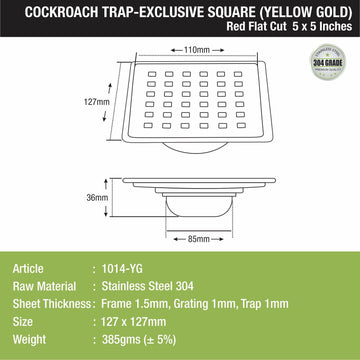 Red Exclusive Square Flat Cut Floor Drain in Yellow Gold PVD Coating (5 x 5 Inches) with Cockroach Trap - LIPKA - Lipka Home